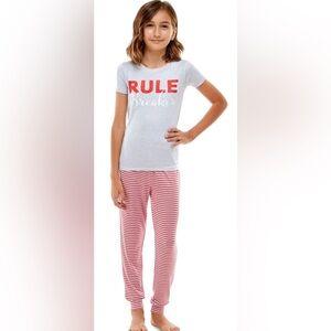 Roudelain Girls Rule Breaker Top & Jogger Pajama Set Sz Medium New Grey/Red